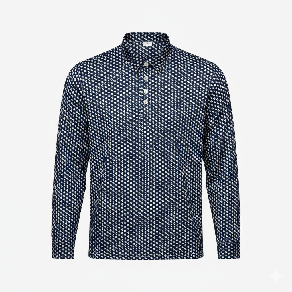 Black and white patterned shirt on a light gray background